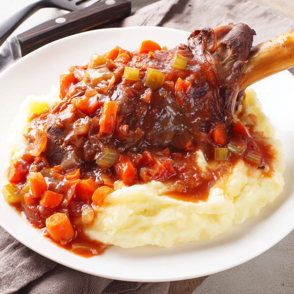 A close-up of savory braised lamb shanks served with a fluffy, buttery mashed side dish.