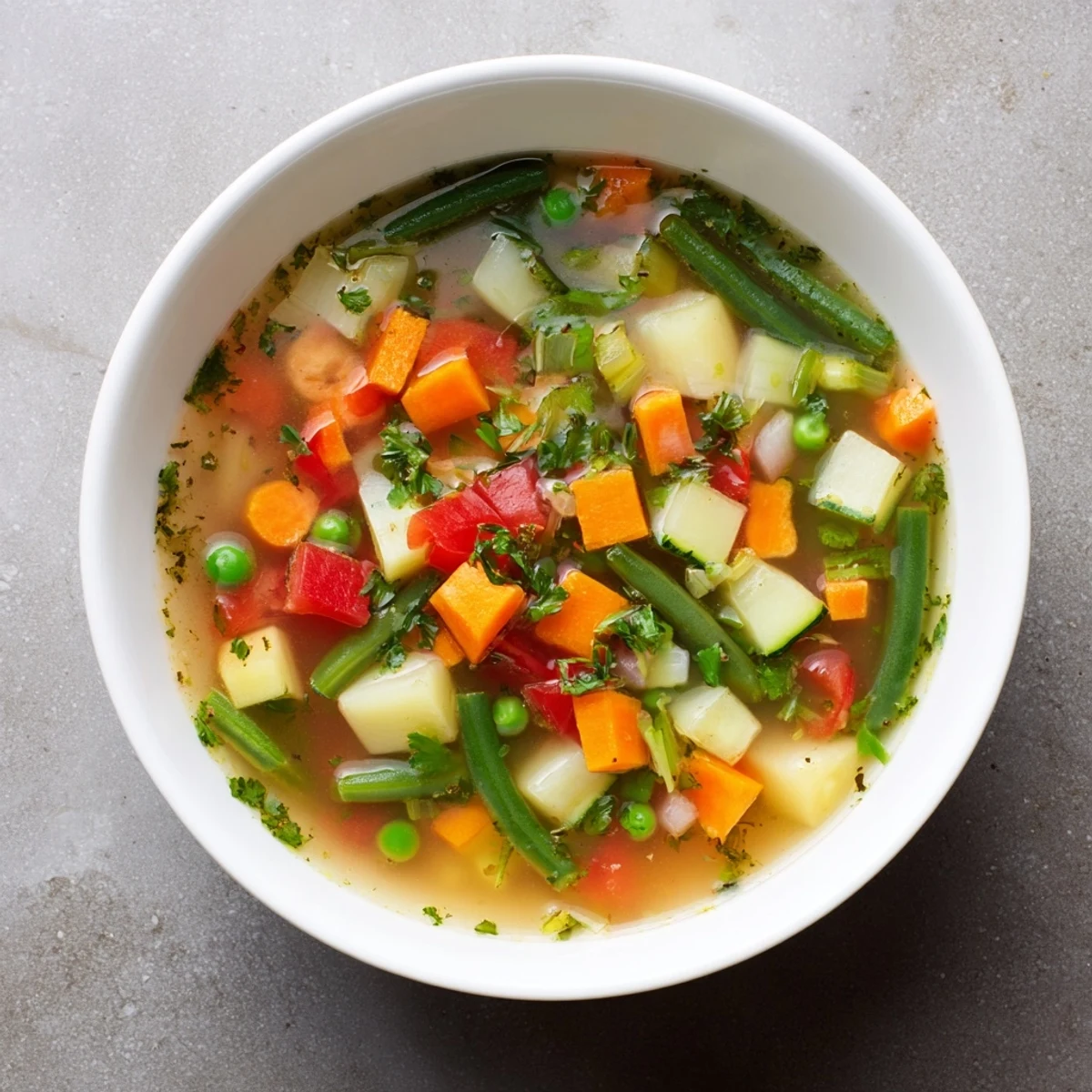 A close-up view of flavorful Hearty Vegetable Soup, showcasing the colorful vegetable medley.