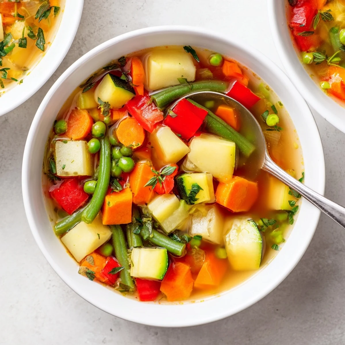 Steaming bowl of Hearty Vegetable Soup, full of vibrant vegetables, perfect for a warming meal.