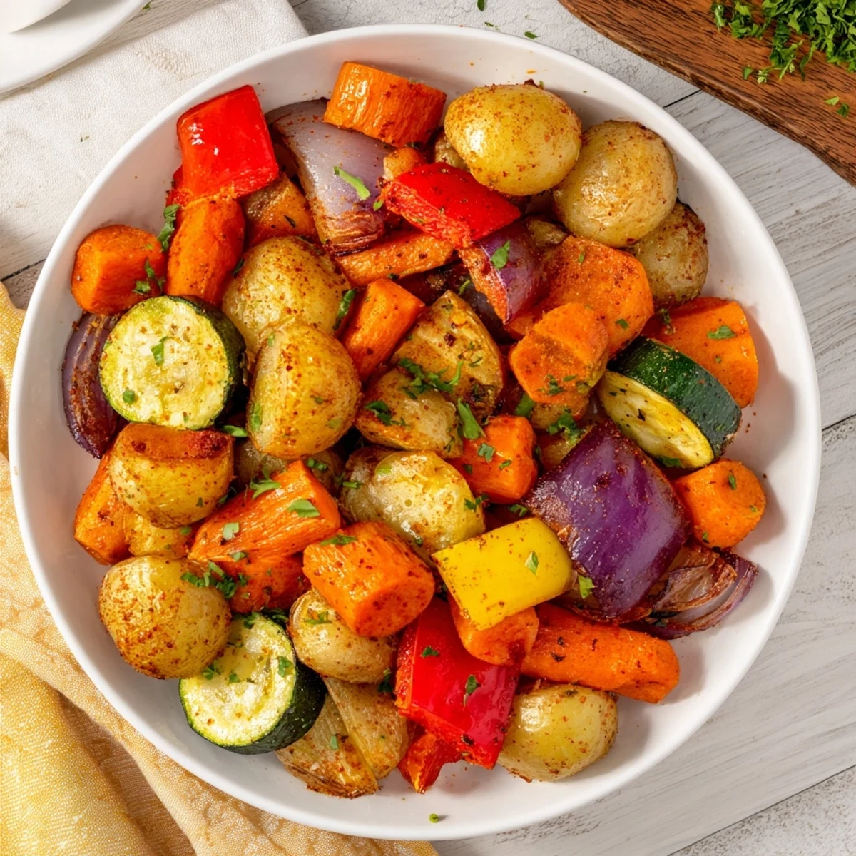 Golden-brown Flavor Roasted Vegetables, tossed with herbs and lemon juice, ready for a delicious side.
