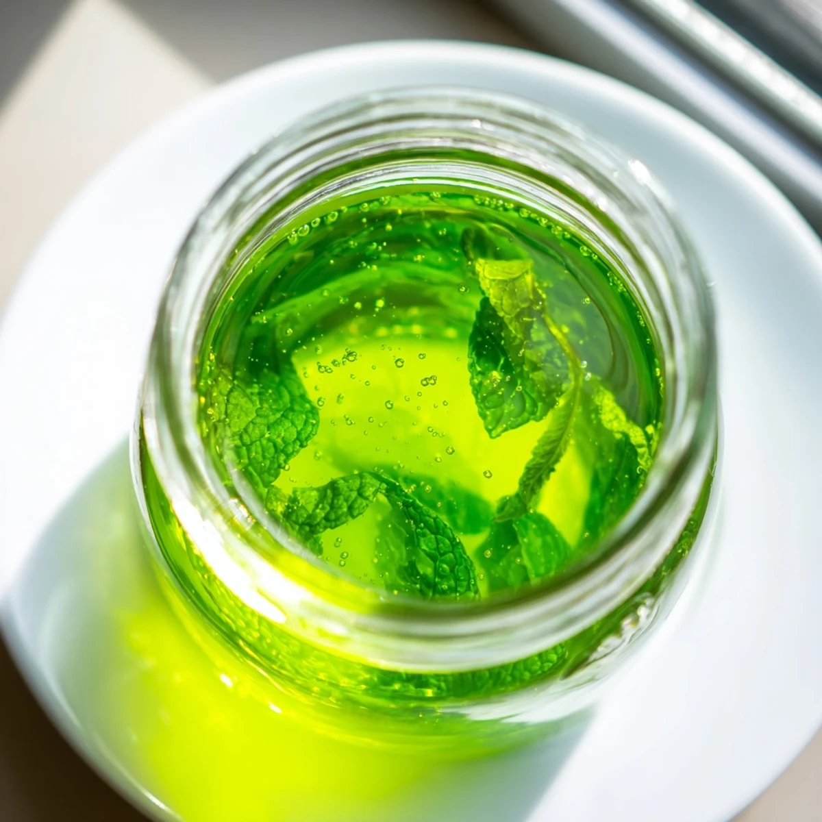 A close-up of a refreshing peppermint syrup drizzled over ice, ready to infuse any drink with flavor.