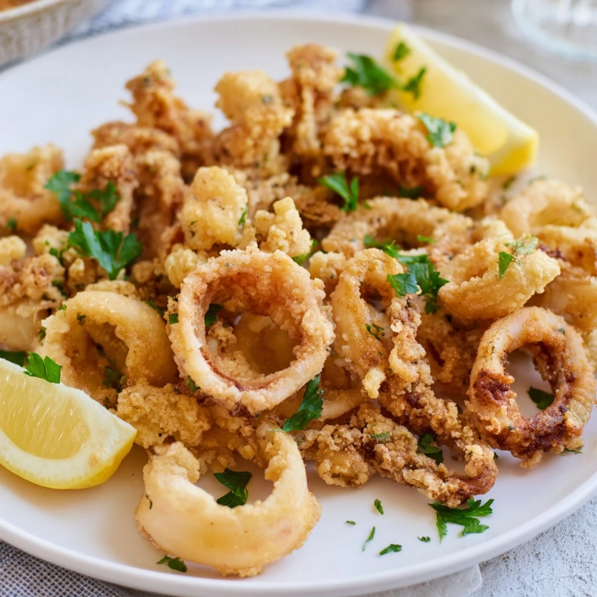 Plump, crispy squid rings with a light, flavorful batter, served with fresh lemon wedges.
