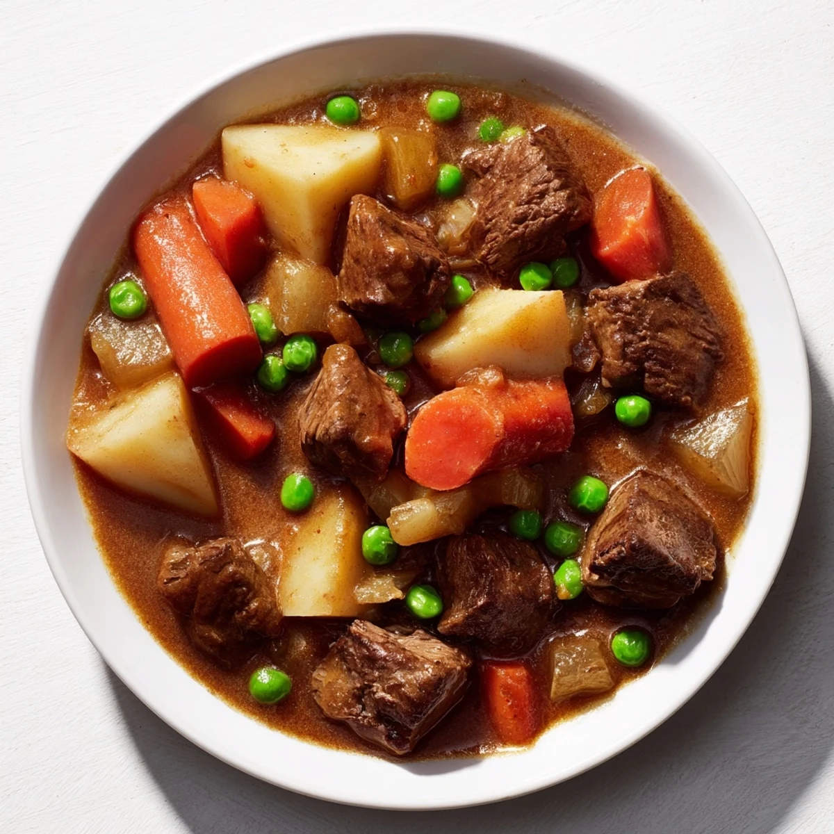 Slow Cooked Beef Stew, bubbling and tender, showcasing chunks of beef and carrots in a rich gravy.