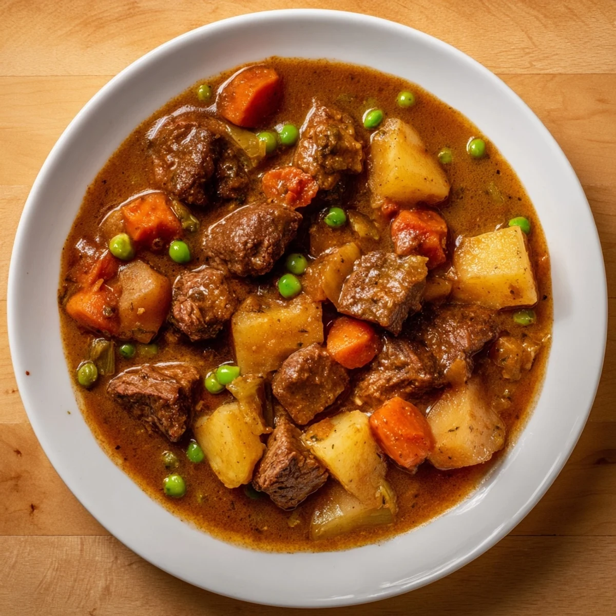 A warm bowl of Slow Cooked Beef Stew, perfect for a cold evening, inviting aromas filling the air.