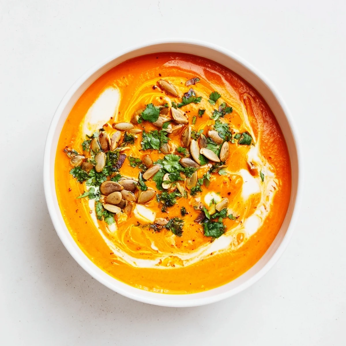 This vibrant Spiced Carrot Soup boasts a swirl of coconut milk, promising a flavorful spoonful.