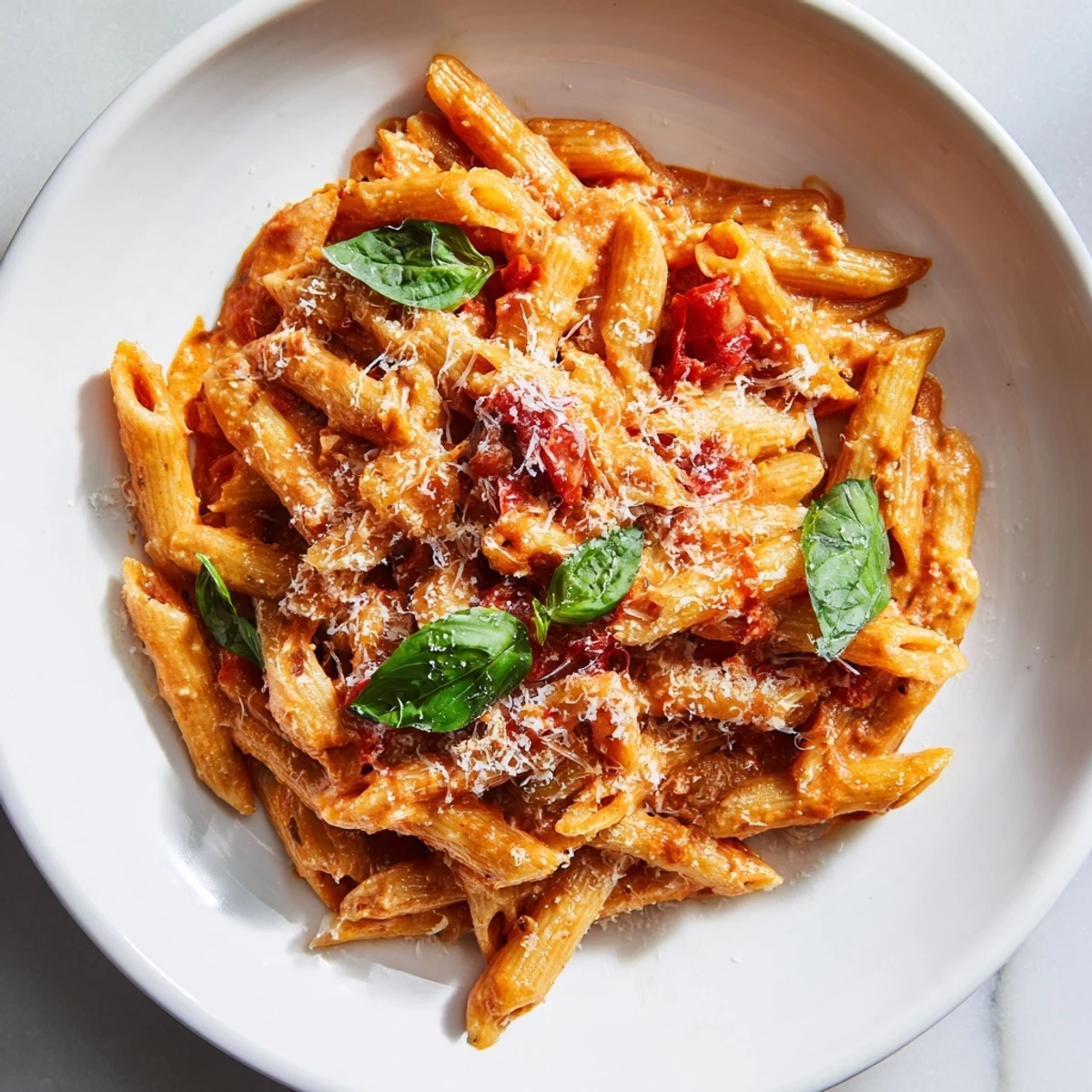 Enjoy a steaming bowl of creamy tomato pasta, rich tomato sauce with grated Parmesan cheese.