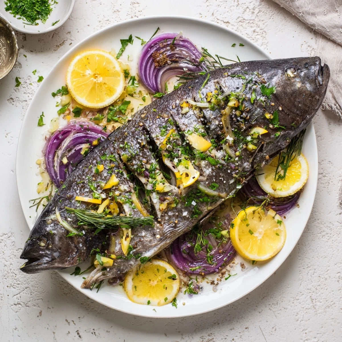 Golden, flaky Baked Sea Bass served with lemon wedges and fresh parsley, ready to enjoy.