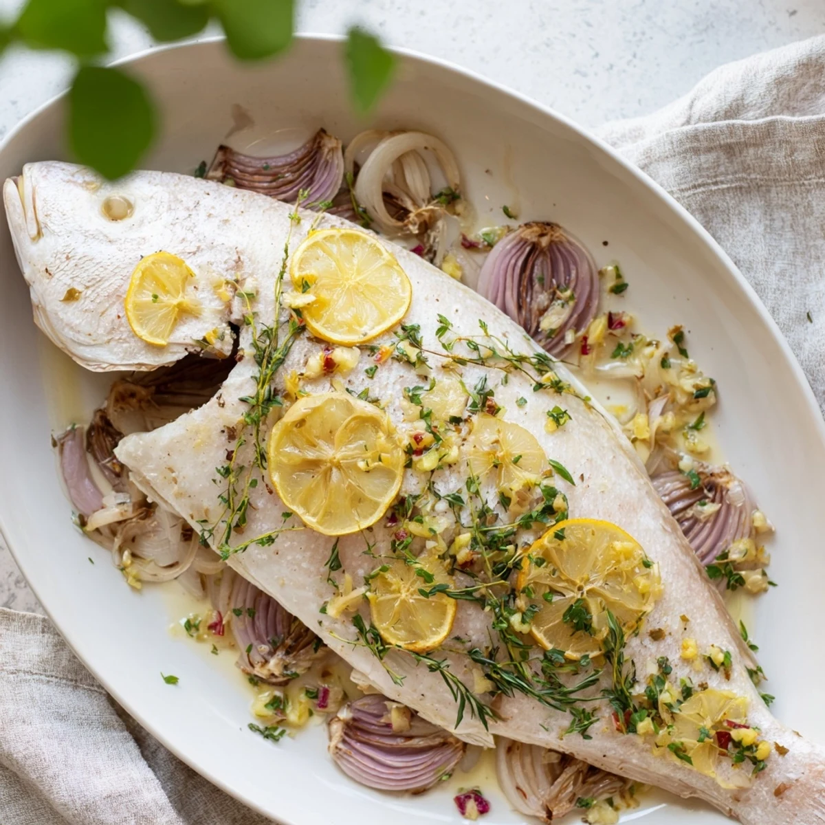 A whole Baked Sea Bass, baked to perfection, sits on a platter surrounded by aromatic herbs.
