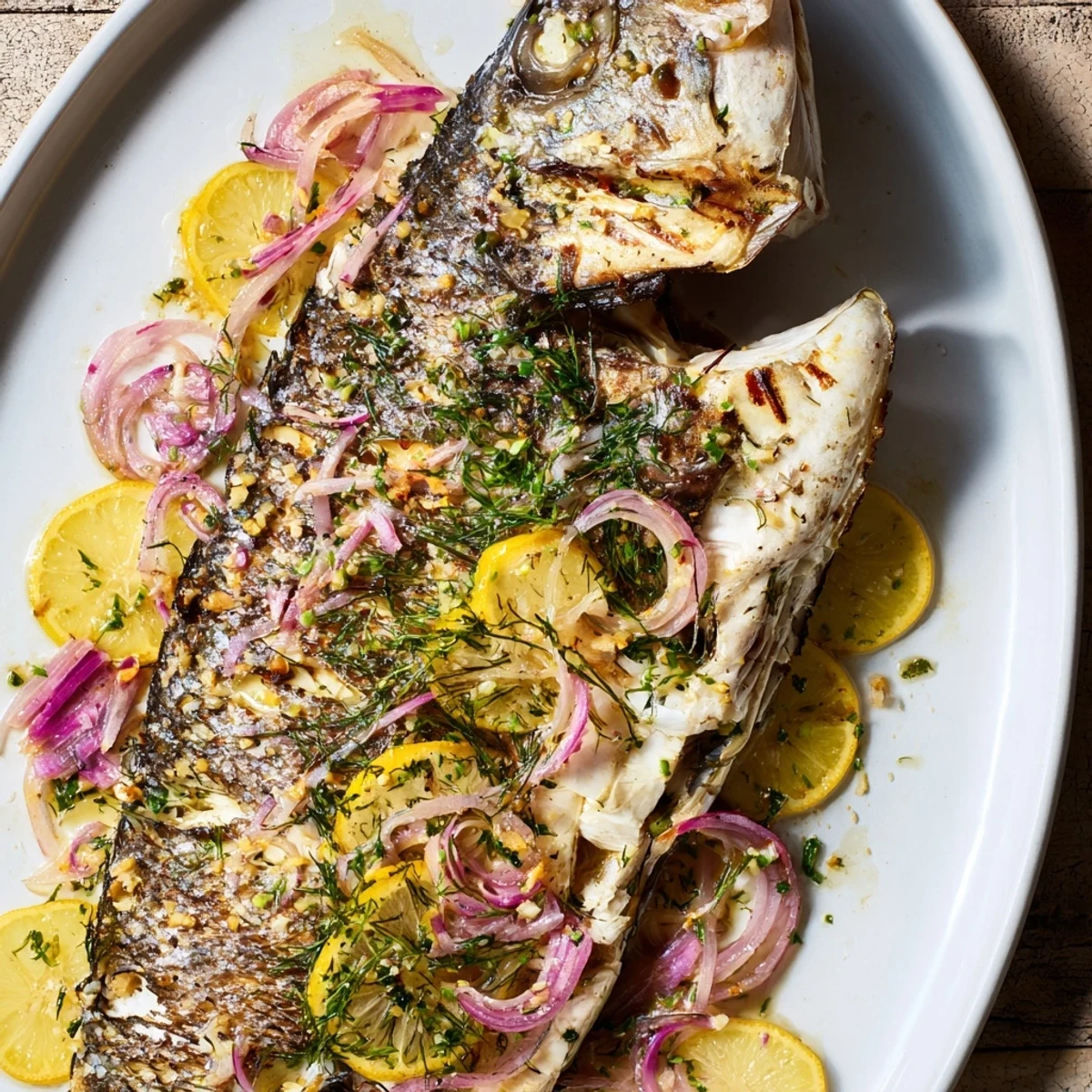 Juicy Baked Sea Bass glistens with olive oil, a Mediterranean delight, perfect for dinner tonight.