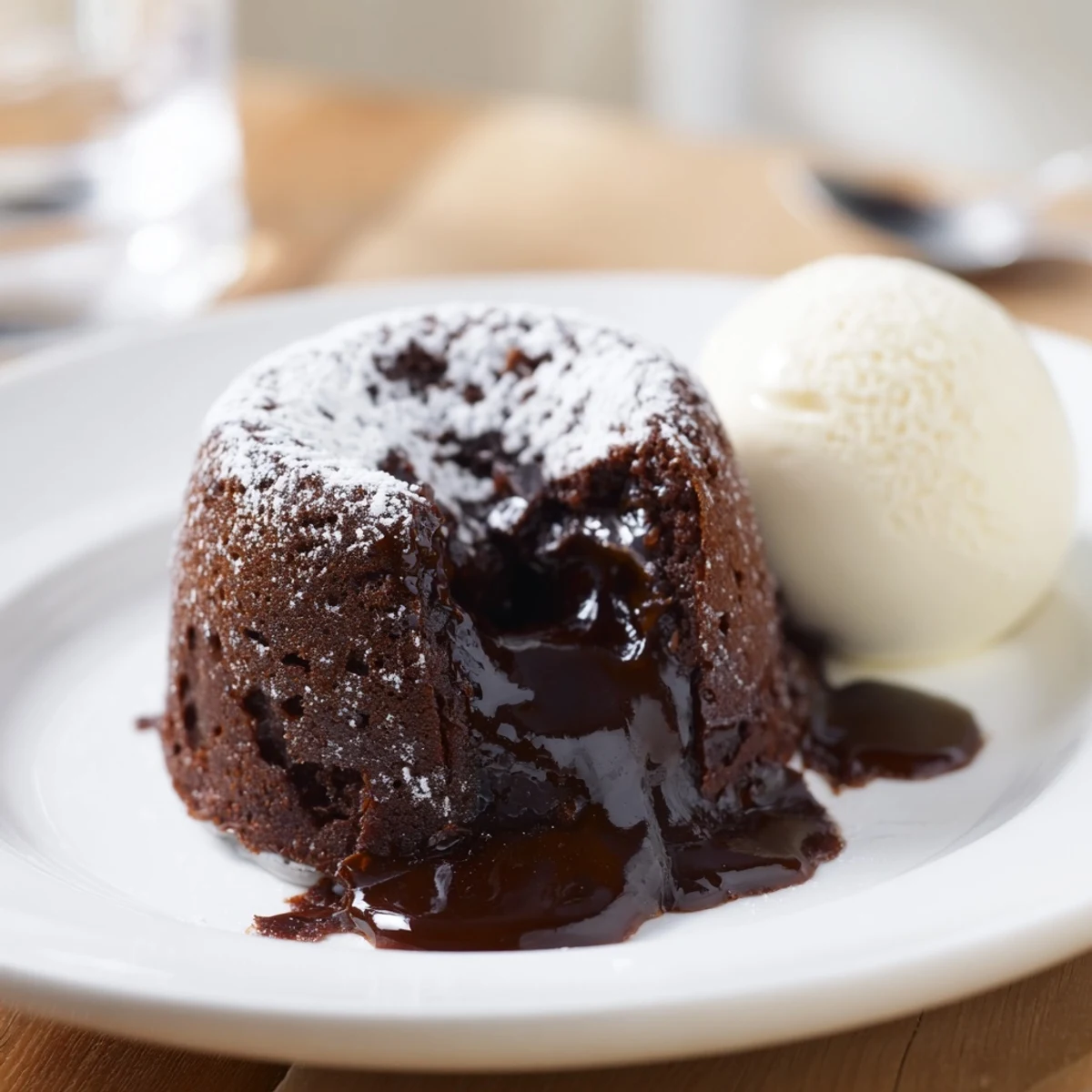 Warm chocolate cake with a molten center, served with vanilla ice cream, ready to enjoy.