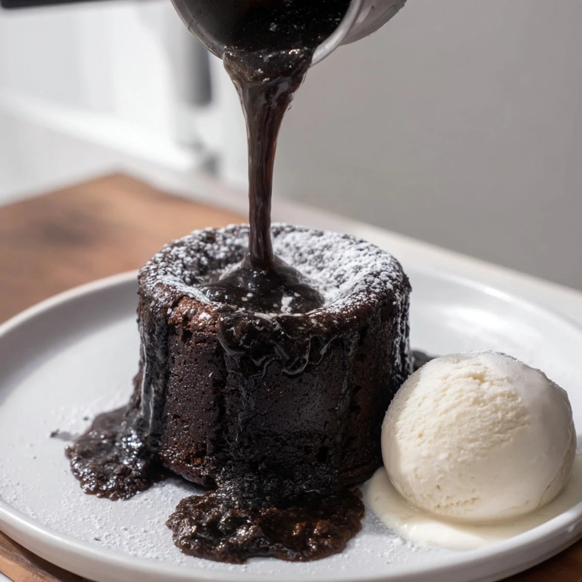 A close-up of a Warm Chocolate Cake, showing its gooey center and rich texture.