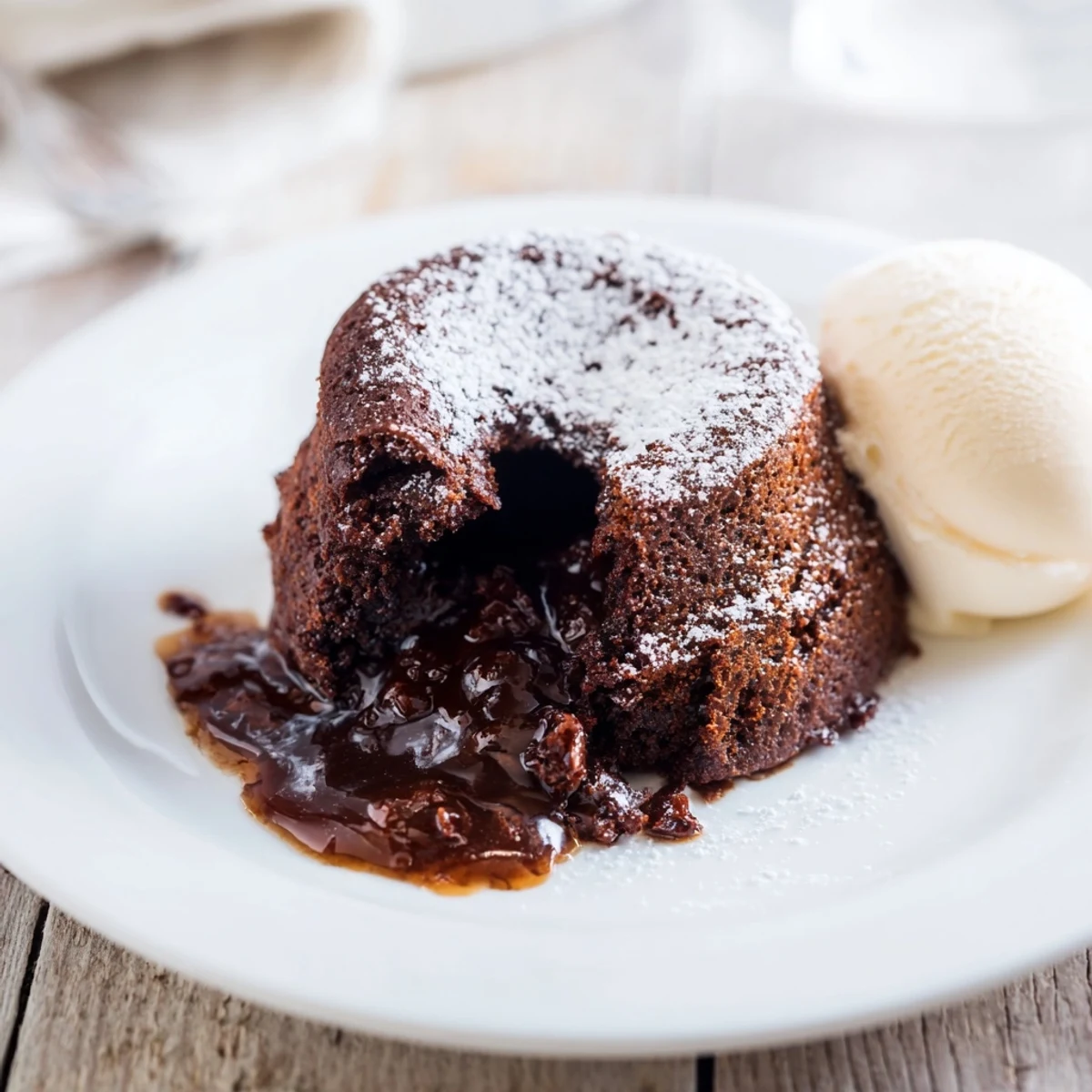 Freshly baked Warm Chocolate Cake, a decadent dessert dusted with powdered sugar and ready.