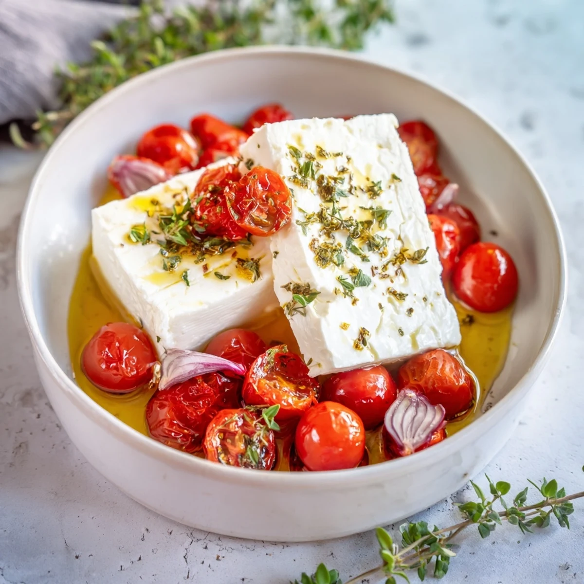 Close-up of bubbling baked feta with tomatoes, drizzled olive oil, and fresh basil garnish.