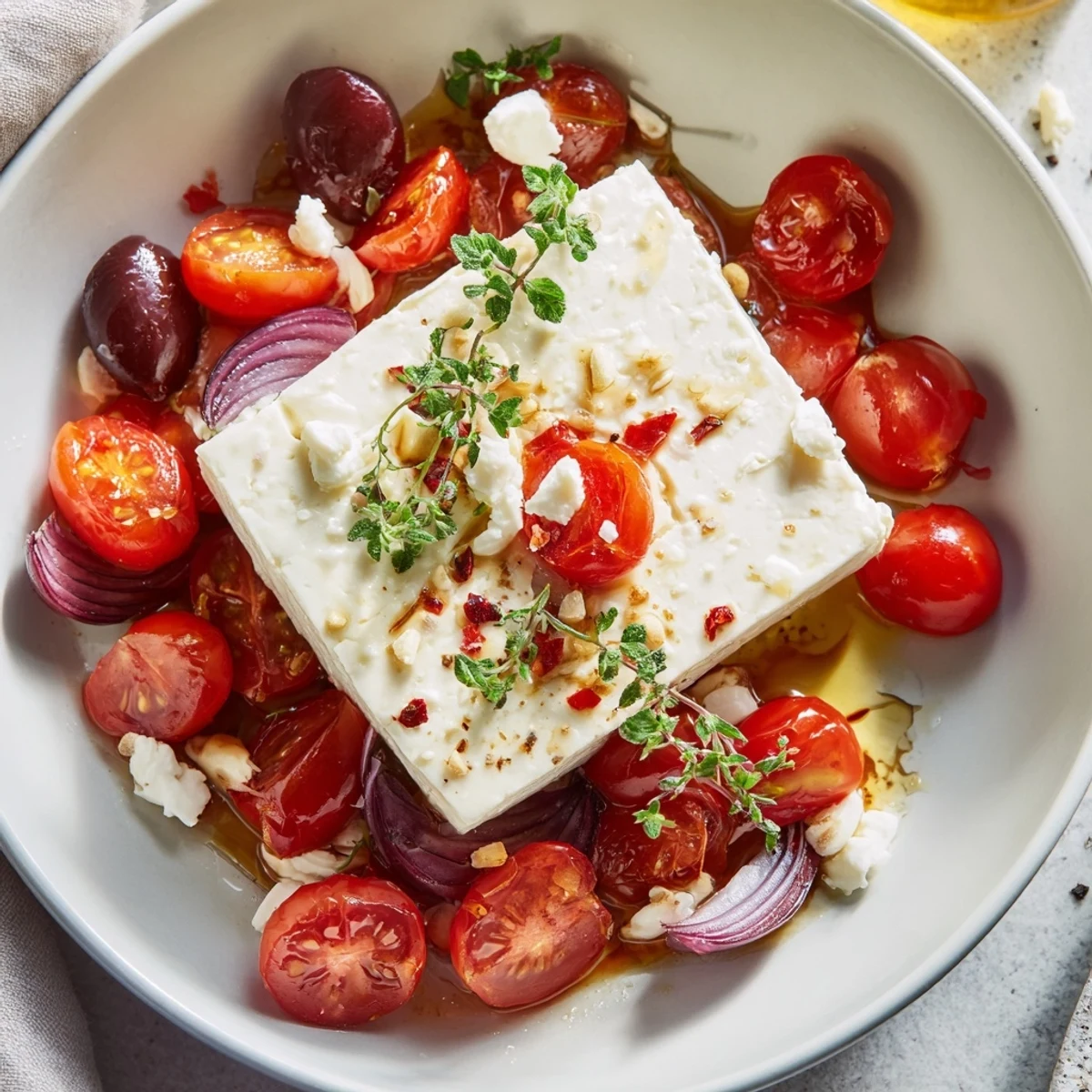 Vibrant image of baked feta with tomatoes—perfectly cooked, savory, and ready to be served.