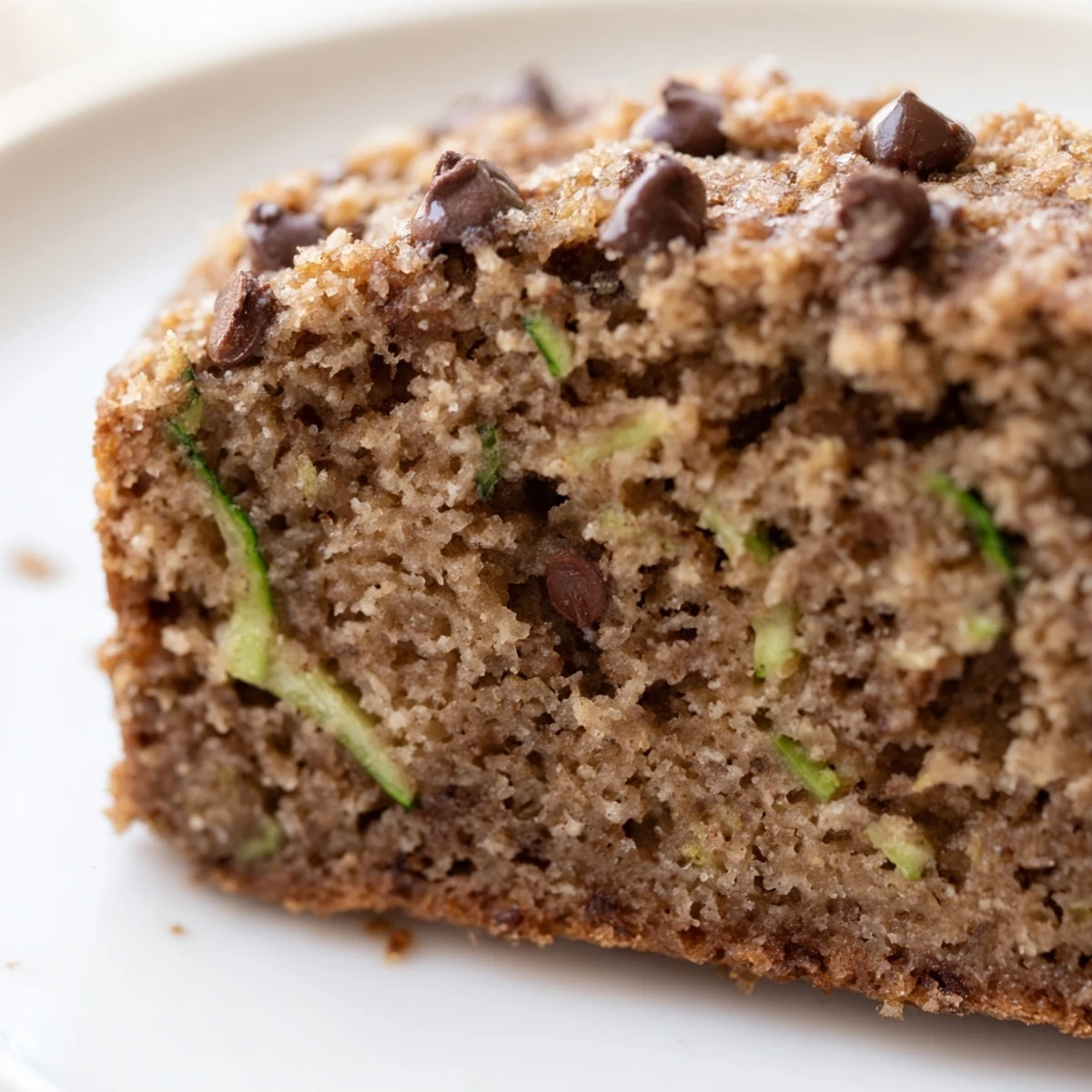 A golden brown slice of Chocolate Chip Zucchini Bread, moist and ready to eat.