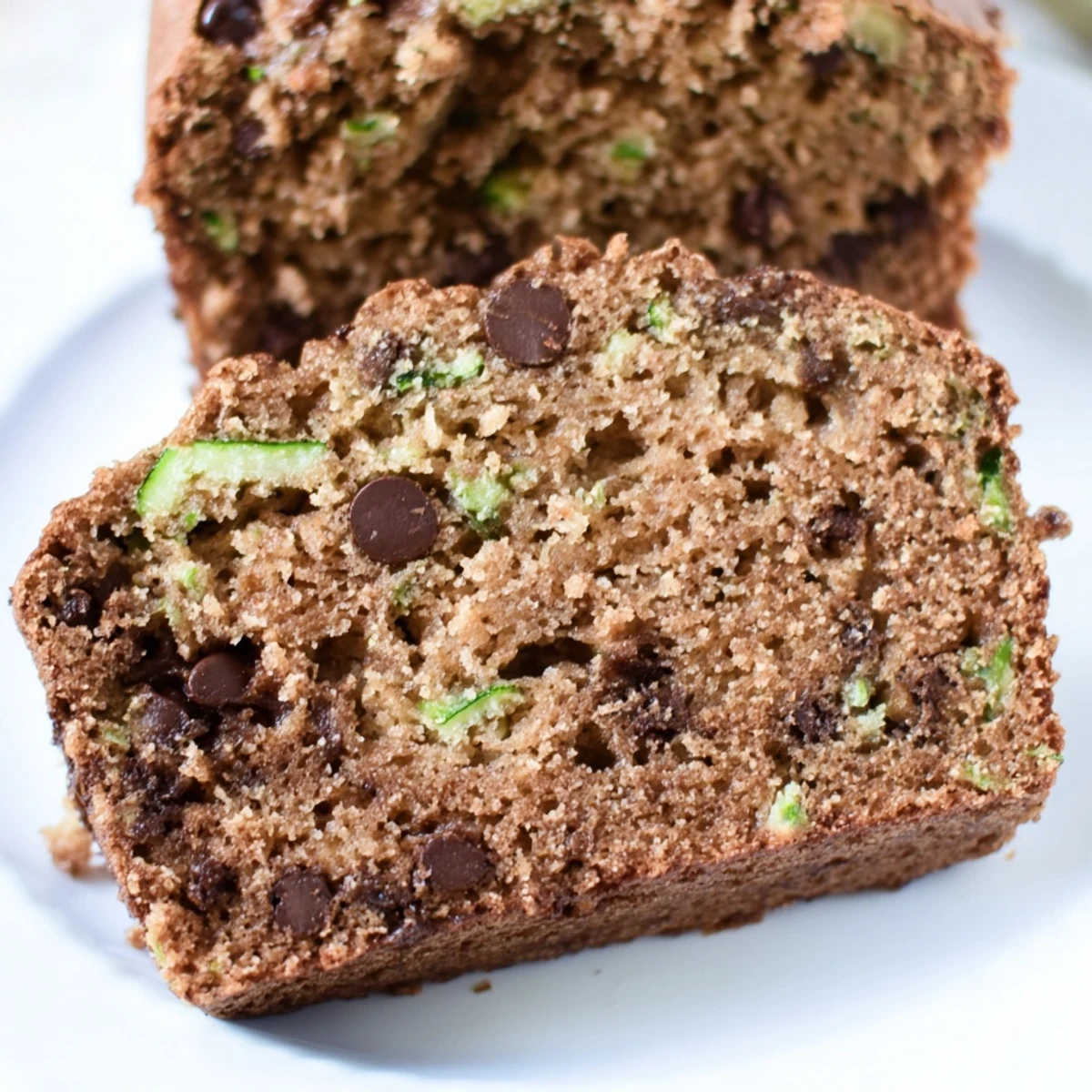 Warm, inviting loaf of Chocolate Chip Zucchini Bread with visible chocolate chips, freshly baked.