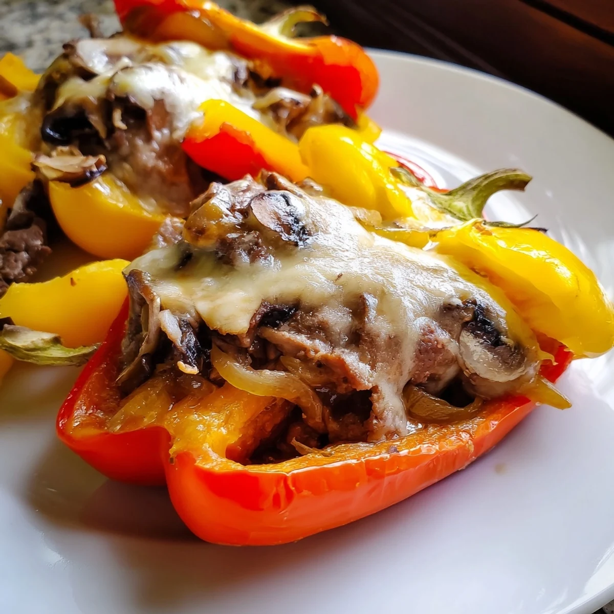Savory Beef Philly Cheesesteak Stuffed Peppers with melted provolone cheese, ready to bake.