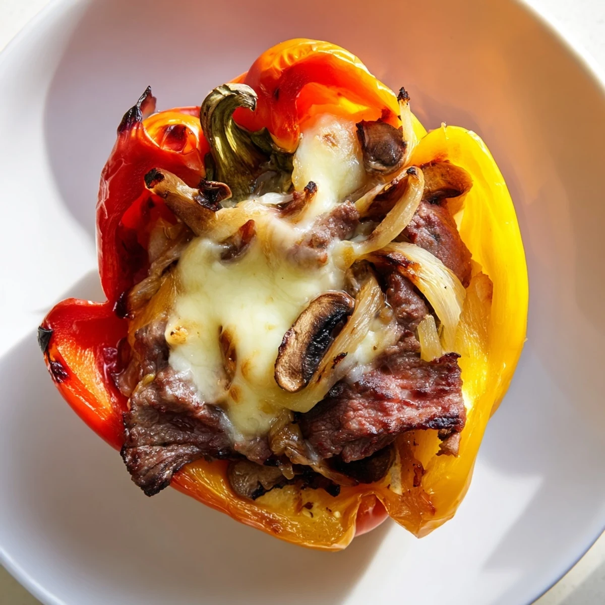 These delicious Beef Philly Cheesesteak Stuffed Peppers are filled with tender beef and vegetables, ready to eat.