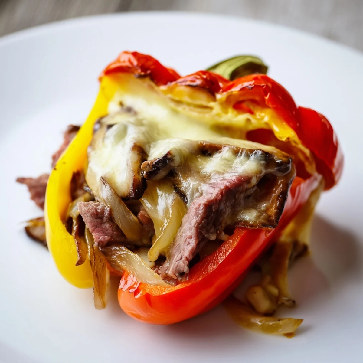 Gooey cheese atop these Beef Philly Cheesesteak Stuffed Peppers: a low-carb, filling American dinner idea.