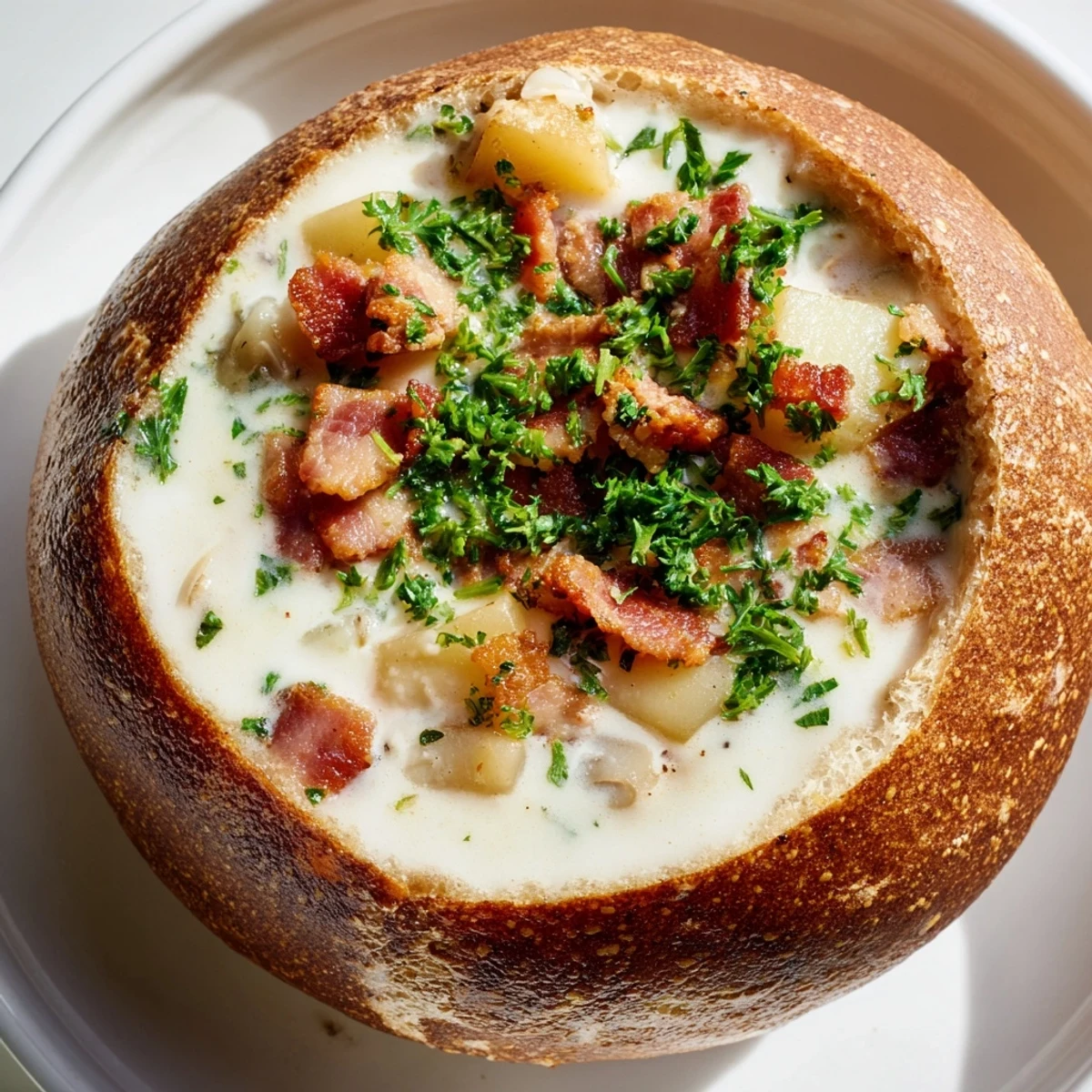 Creamy clam chowder in a crusty sourdough bowl, a comforting New England classic perfectly portioned.