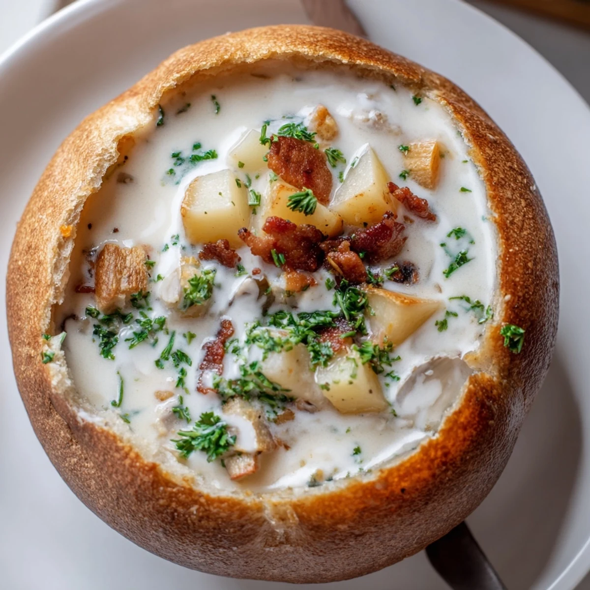 Thick, creamy clam chowder overflows from a carved-out sourdough bowl, garnished with fresh parsley.