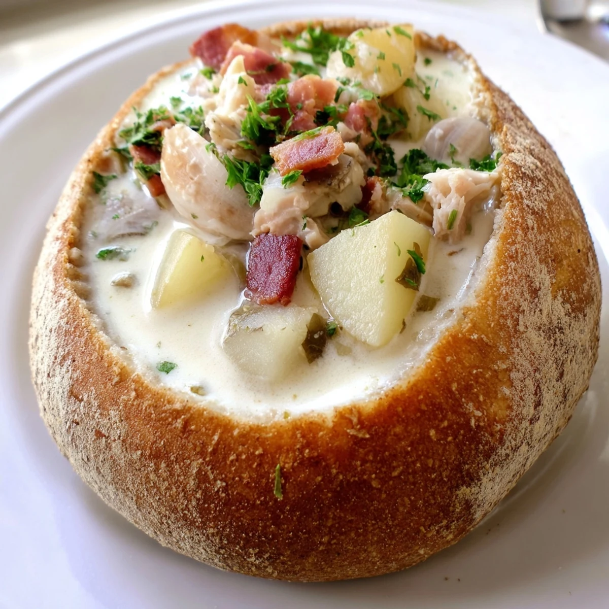 Spoonful of rich clam chowder: this recipe offers a warm sourdough bowl brimming with clam, potatoes, and bacon.