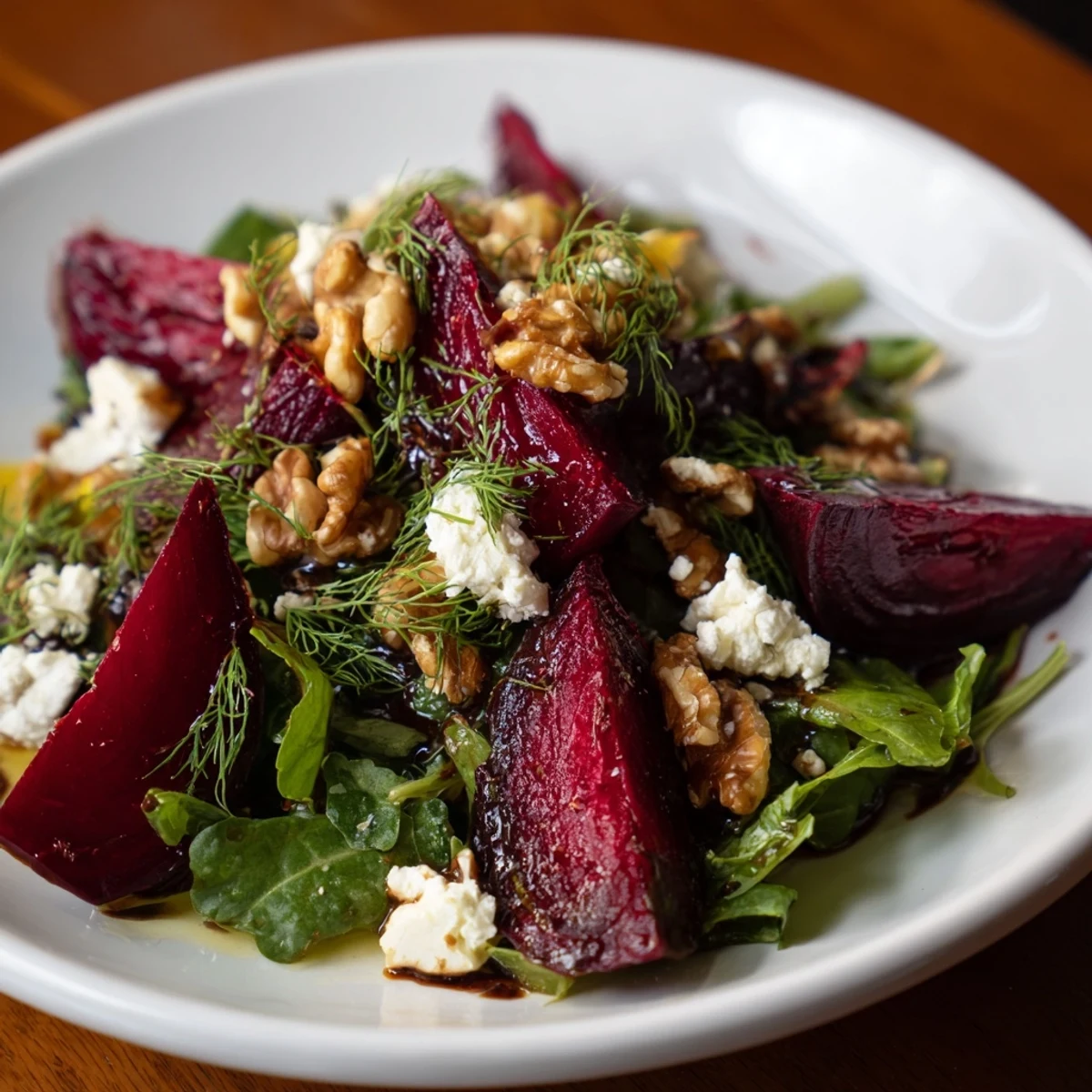 A vibrant photo of roasted beet salad with goat cheese, showcasing colorful, earthy ingredients.