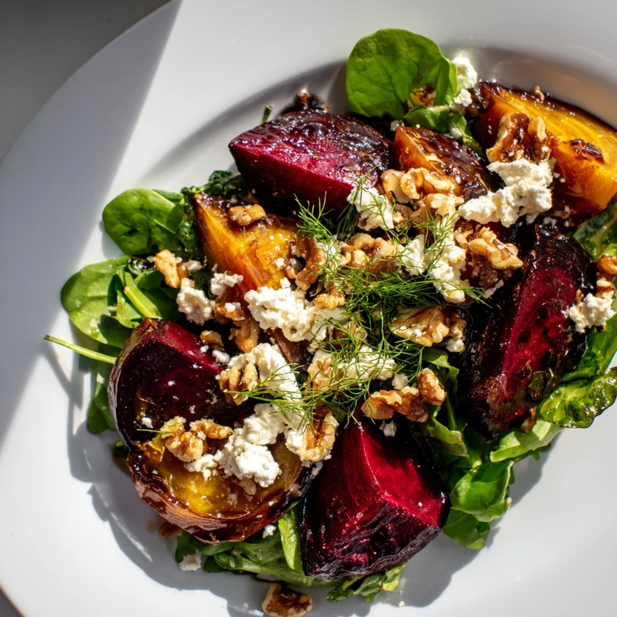 Savory roasted beet salad drizzled with vinaigrette, featuring creamy goat cheese and toasted walnuts.