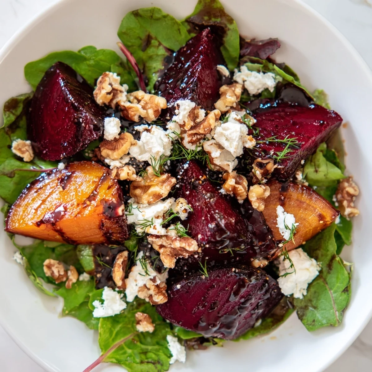 Close-up of a plated roasted beet salad, highlighting the sweet beets and tangy dressing in vivid detail.