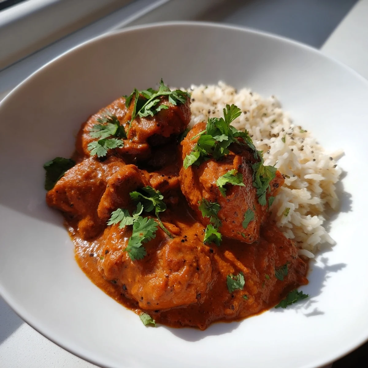 Chicken Tikka Masala, a creamy Indian dish, served with fluffy white basmati rice.