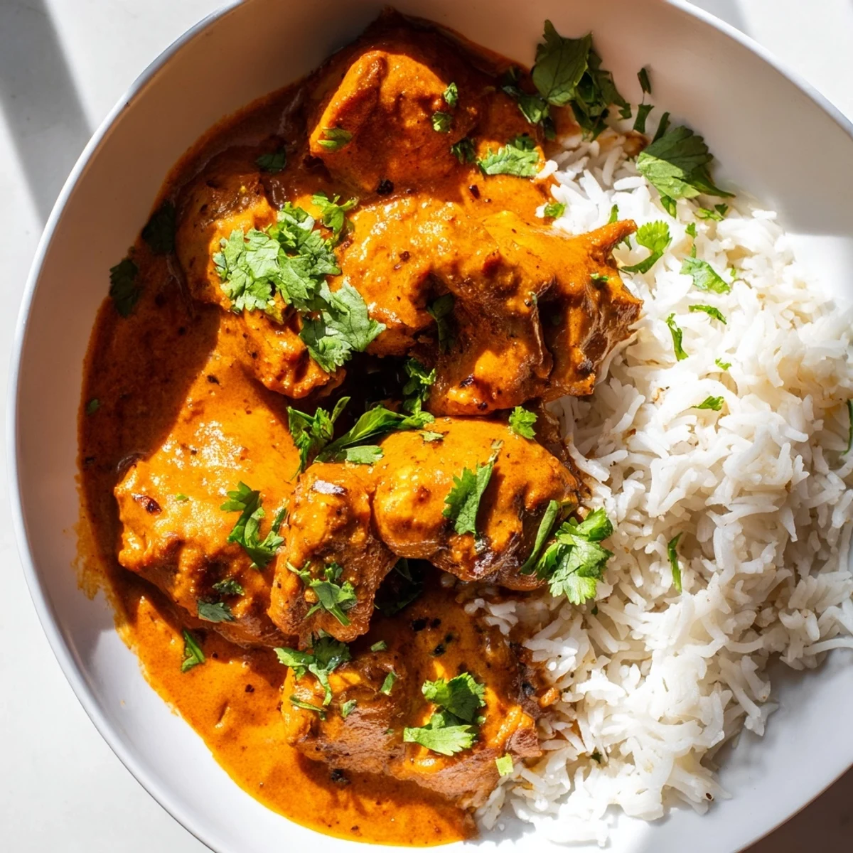 A steaming bowl of Chicken Tikka Masala, garnished with cilantro, ready to eat.