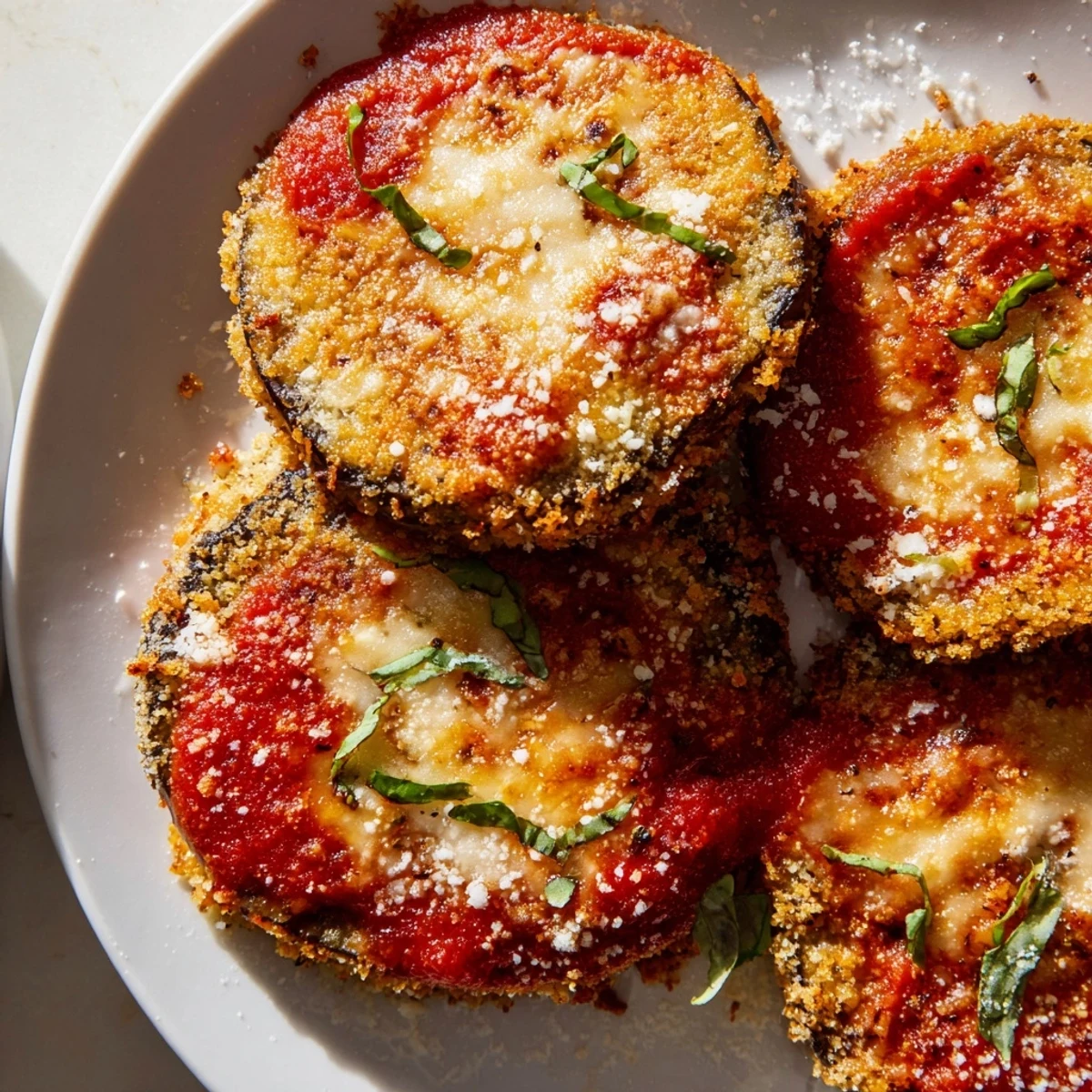 Golden-brown baked eggplant Parmesan, smothered with melted cheese and rich marinara sauce.
