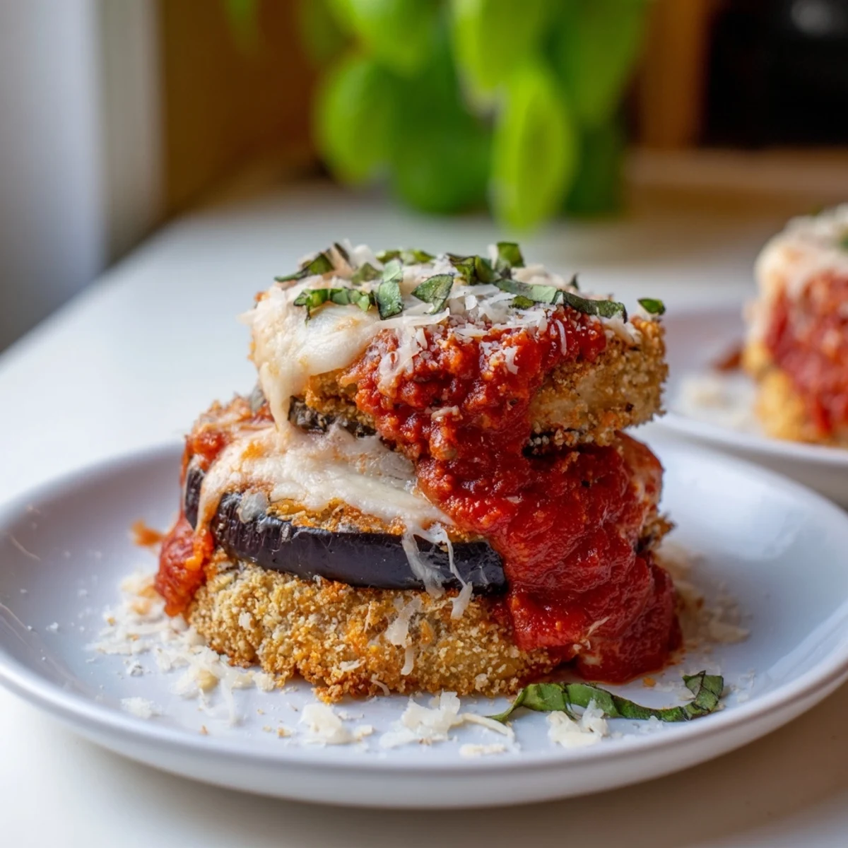 Close-up shot: a forkful of baked eggplant Parmesan, revealing layers of texture and flavor.