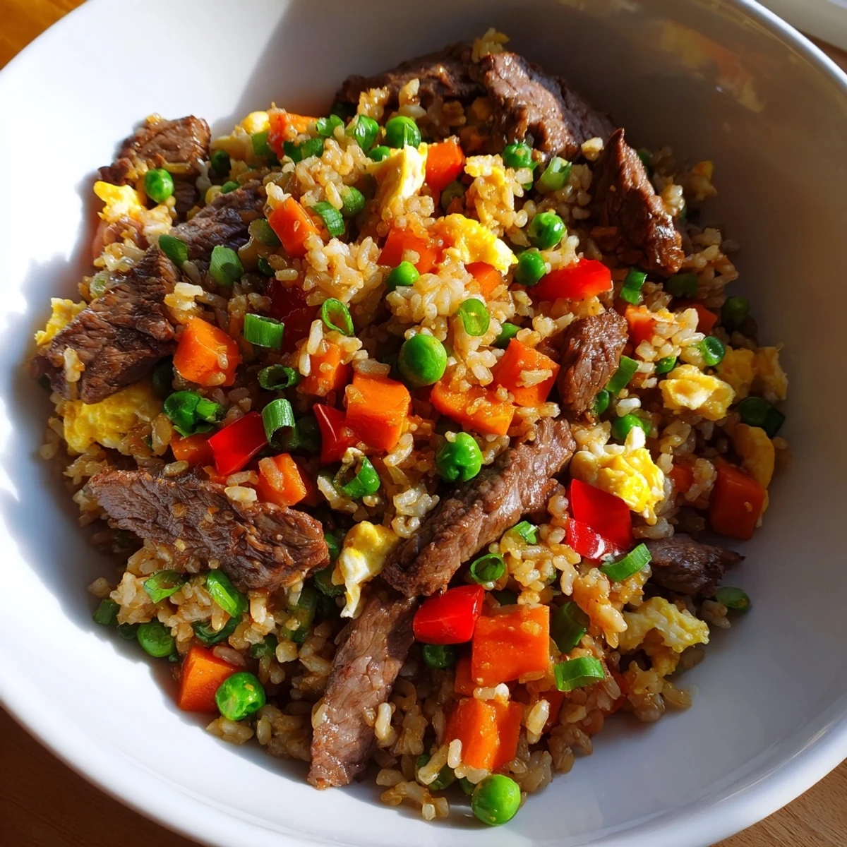 Savory Beef Fried Rice with colorful veggies, ready to enjoy with chopsticks, a flavorful Asian meal.