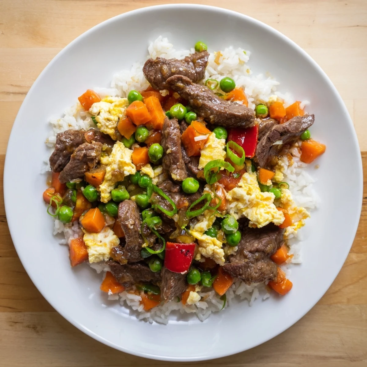 Golden and glistening Beef Fried Rice, a delicious stir-fry recipe, served hot with fresh scallion garnish.