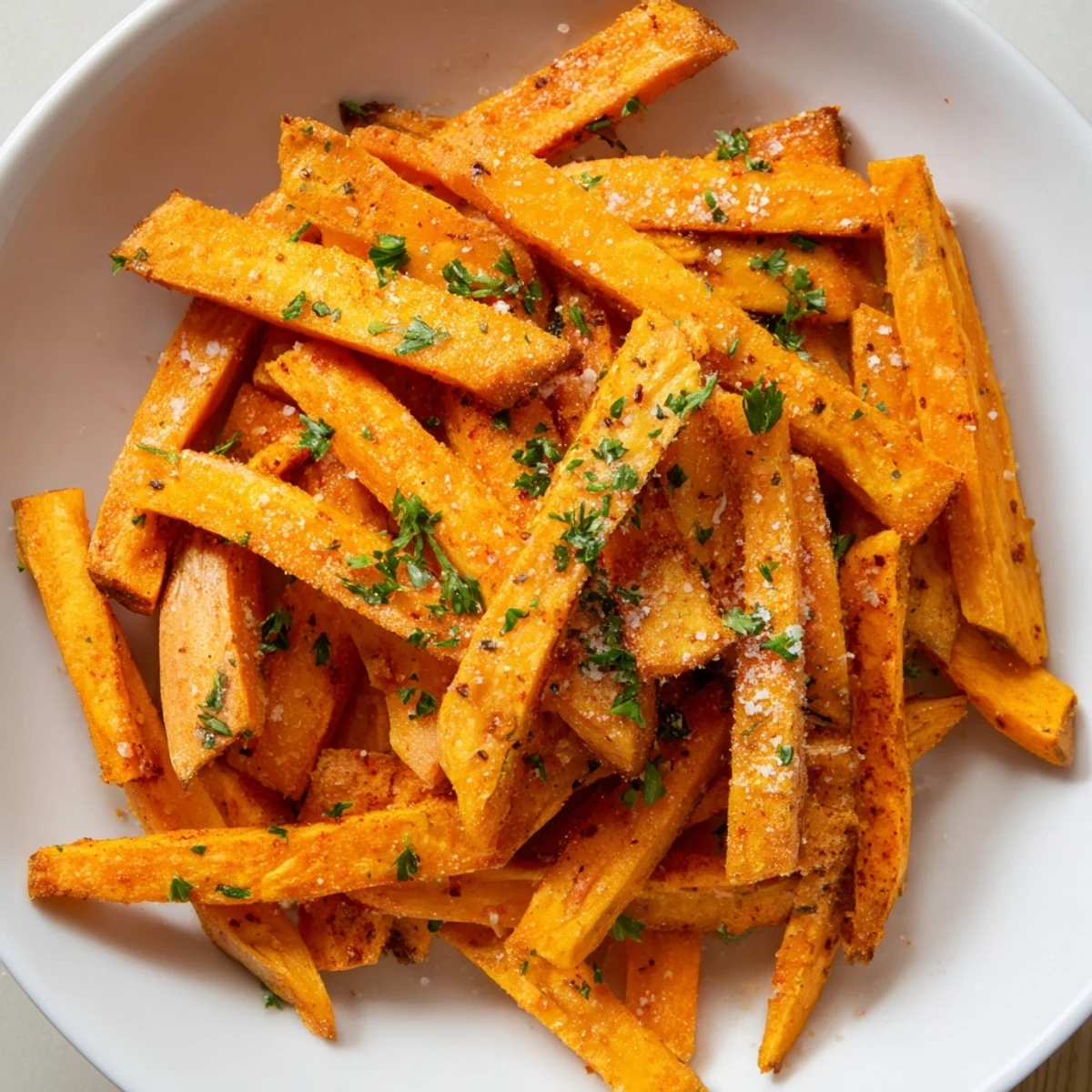 Golden, crispy air fryer sweet potato fries are ready, seasoned perfectly with paprika and garlic.