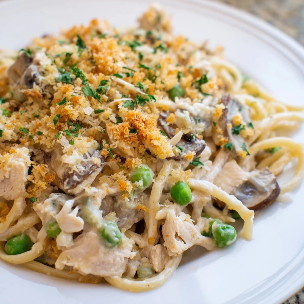 A bubbly, golden-crusted Turkey Tetrazzini with visible mushrooms and creamy sauce, baked to perfection.