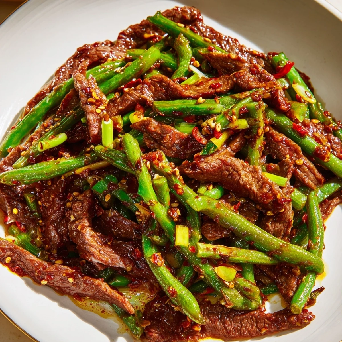 Vibrant photo of Spicy Szechuan Green Beans with Beef, showcasing tender meat and crispy green beans.
