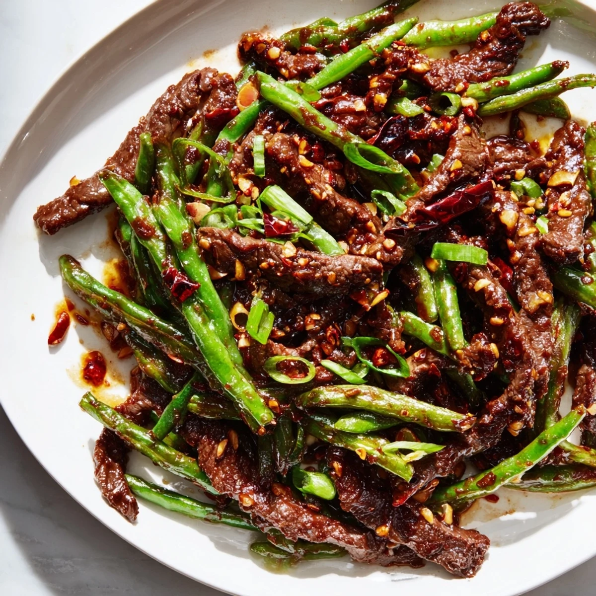 A steaming bowl of Spicy Szechuan Green Beans with Beef, a savory Chinese main dish with bold flavors.