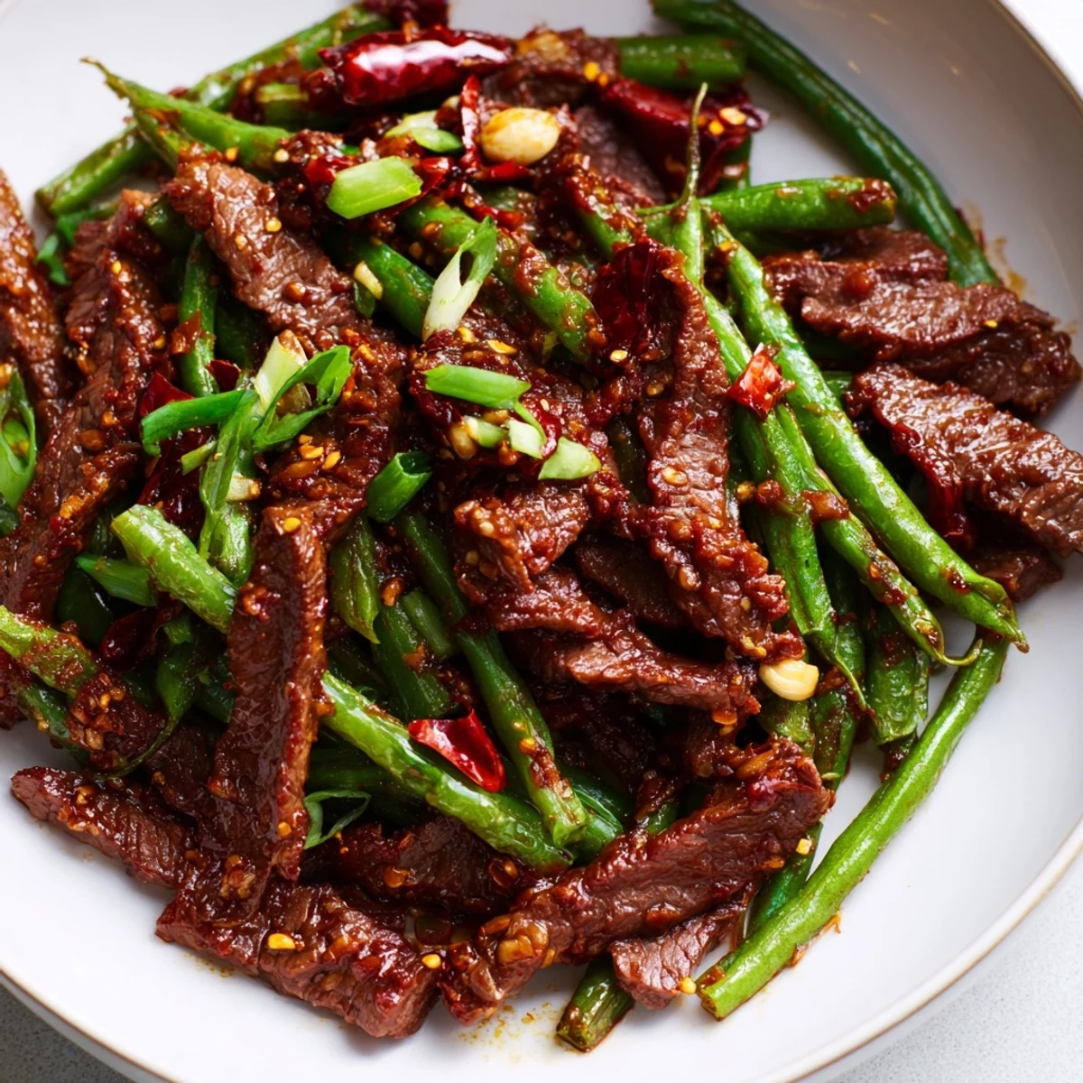 Close-up of the flavorful Spicy Szechuan Green Beans with Beef, ready to serve with fluffy rice.