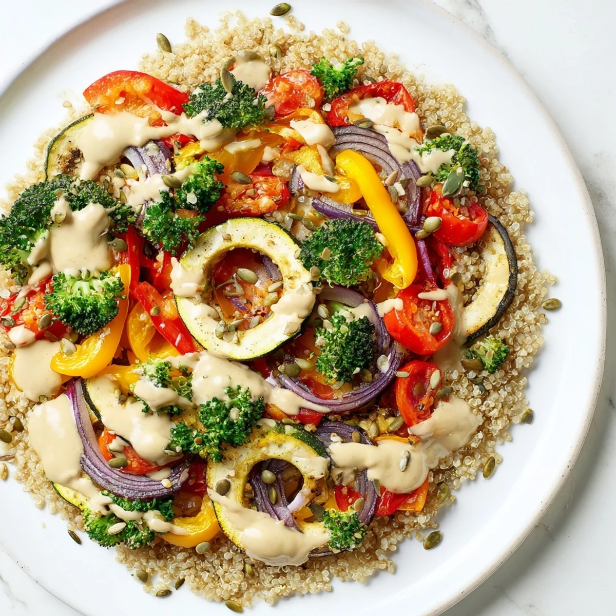 Vibrant Roasted Vegetable Quinoa Bowl with colorful roasted vegetables and creamy lemon tahini dressing.