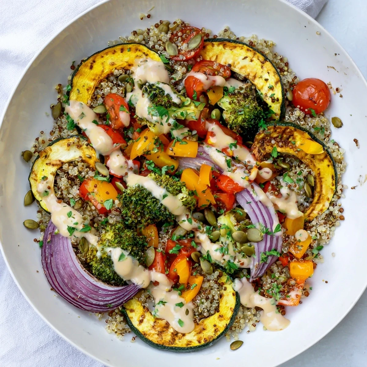 A steaming, healthy Roasted Vegetable Quinoa Bowl, full of colorful roasted vegetables and herbs.