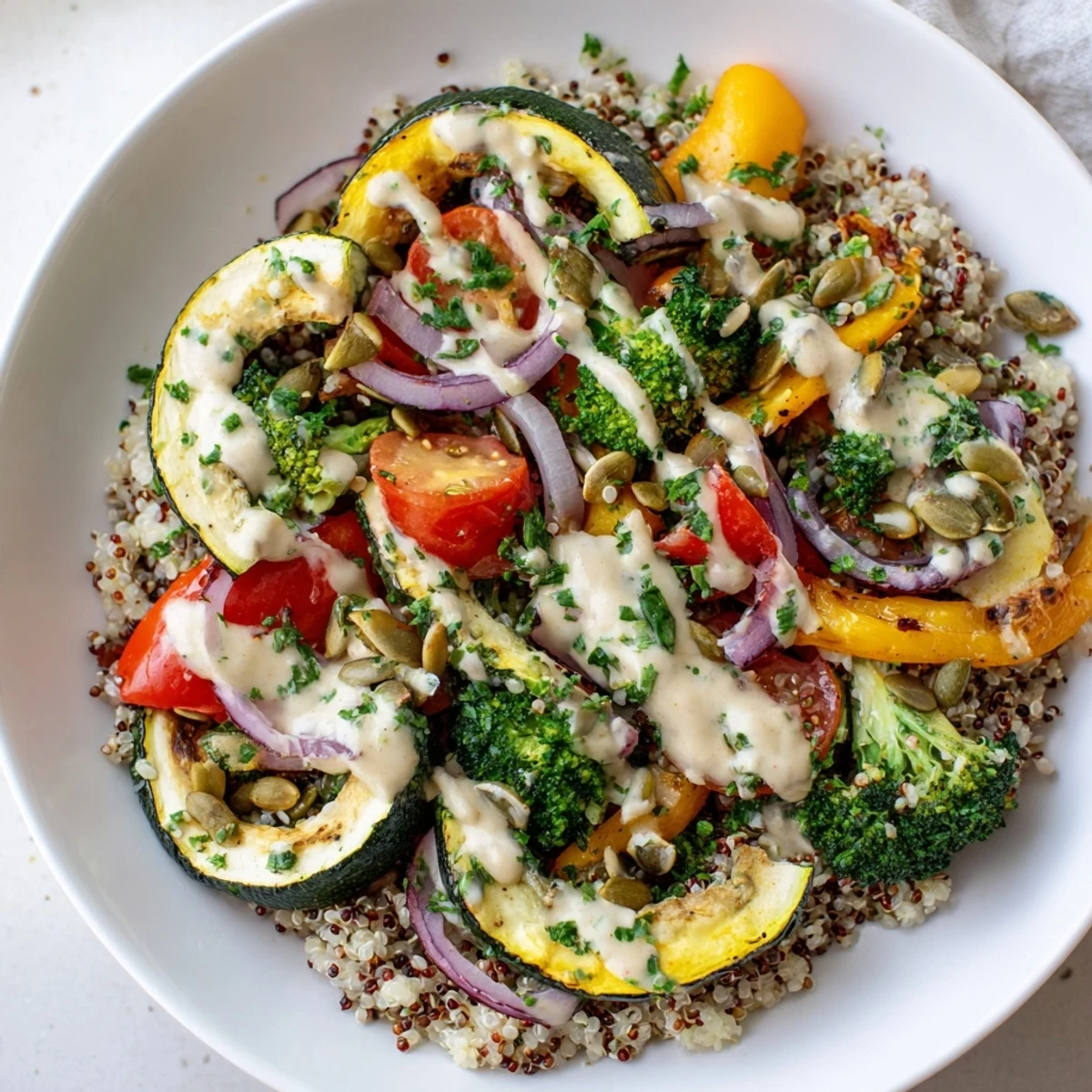 Fluffy quinoa topped with a delicious mix of roasted vegetables; savor the Roasted Vegetable Quinoa Bowl.
