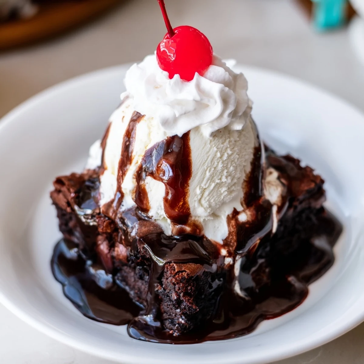 A delightful chocolate brownie sundae, featuring warm fudge drizzled over vanilla ice cream.