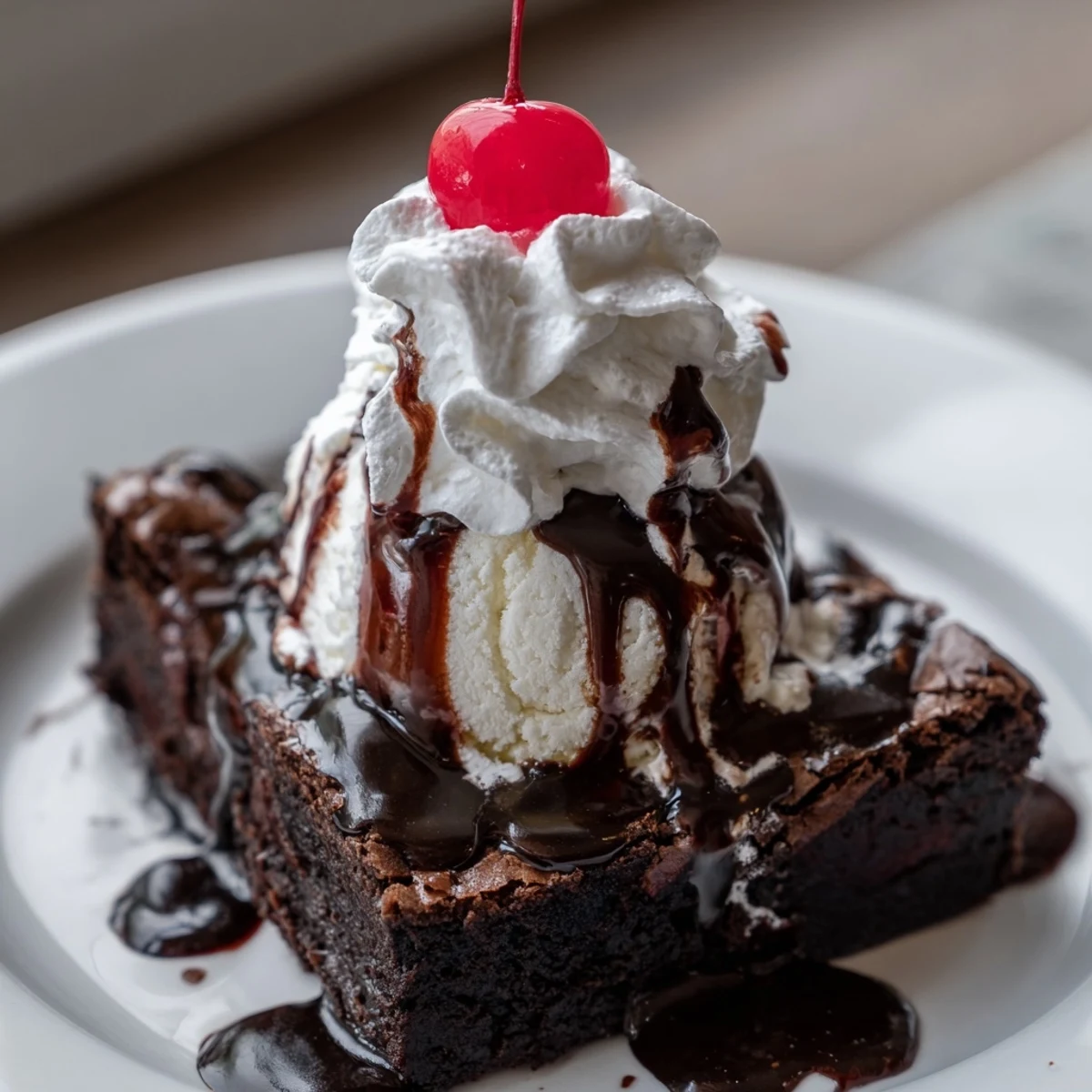 Visual delight: A layered chocolate brownie sundae with oozing hot fudge, ready to be devoured.
