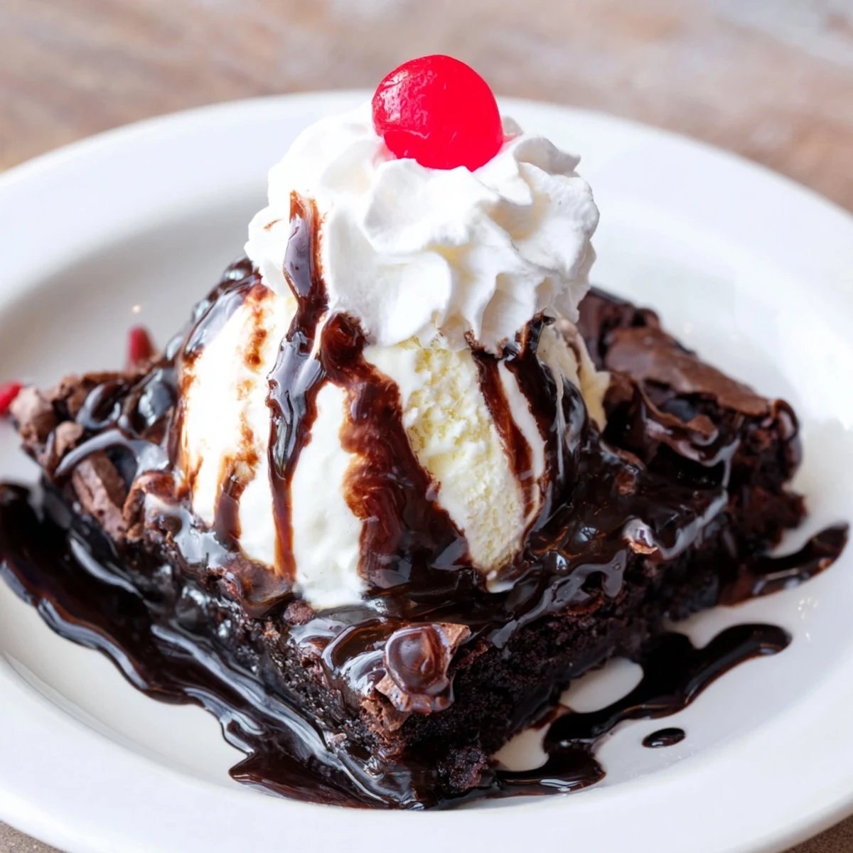 The ultimate American treat: a rich chocolate brownie sundae topped with fluffy whipped cream and a cherry.