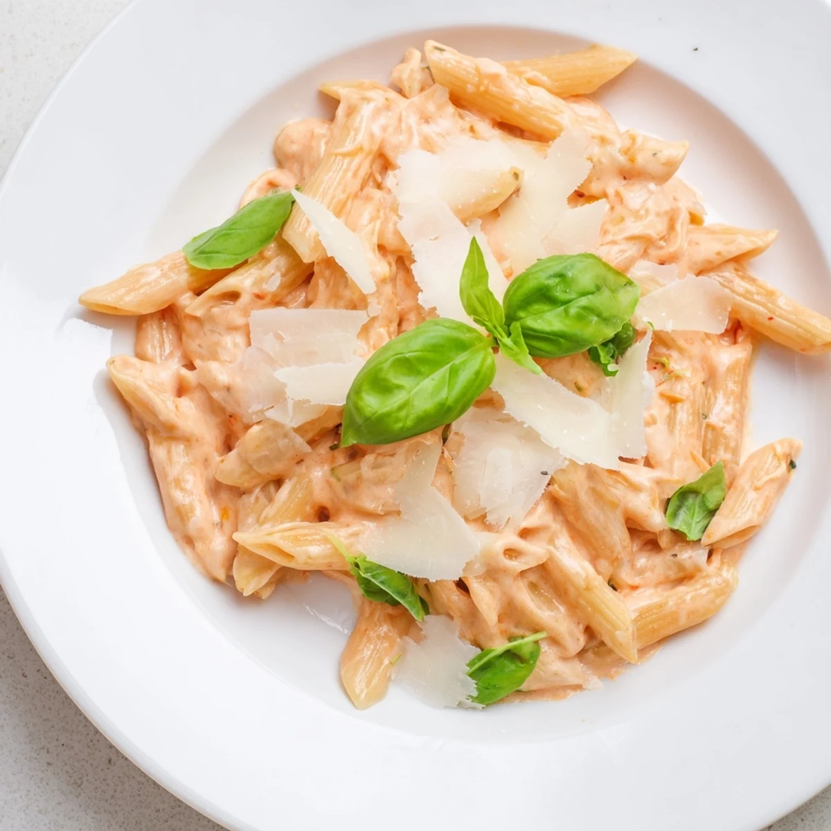 Creamy tomato pasta with fresh basil, a vibrant Italian dish, ready to serve with fragrant basil.