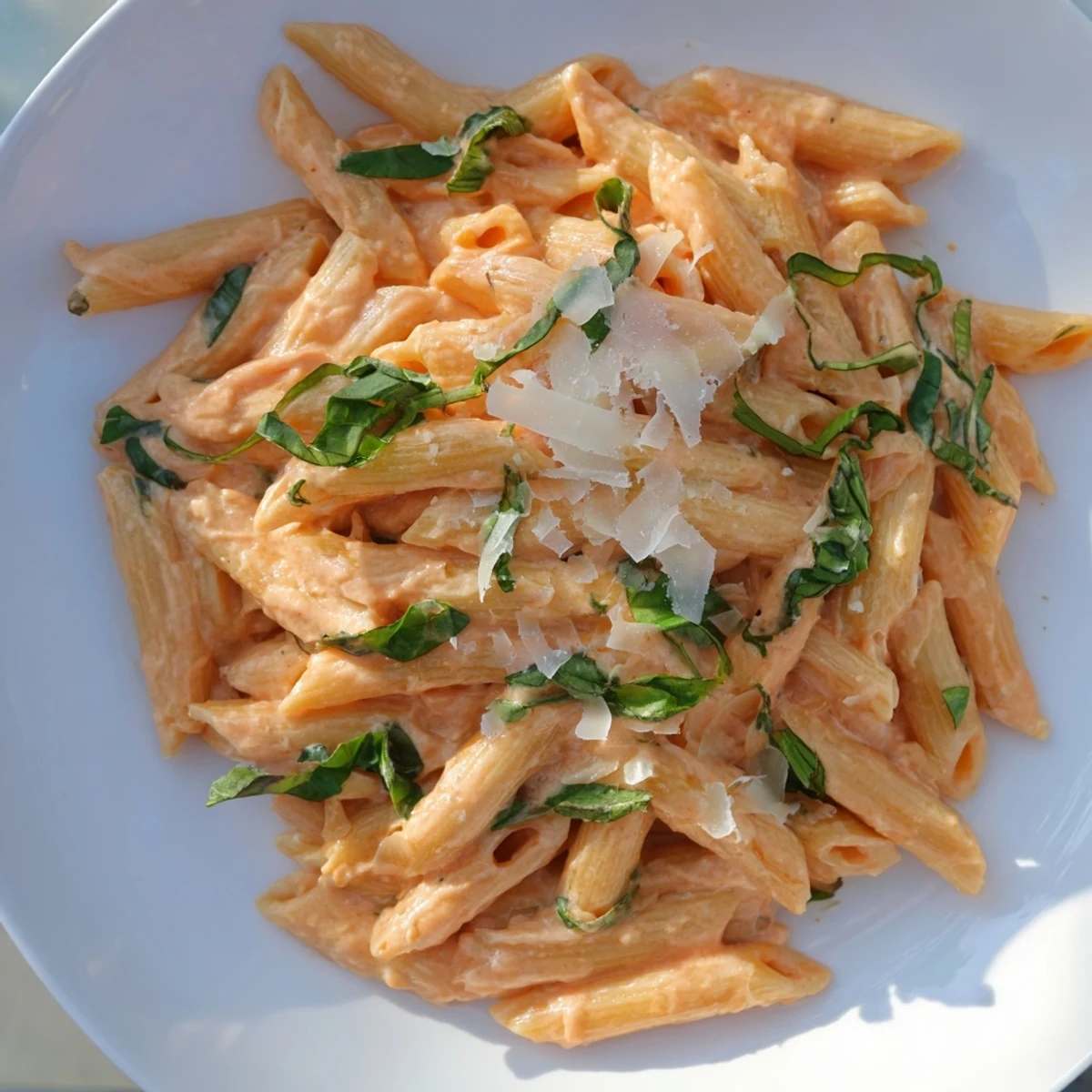 A steaming bowl of creamy tomato pasta with fresh basil, garnished with Parmesan cheese, Italian comfort food.