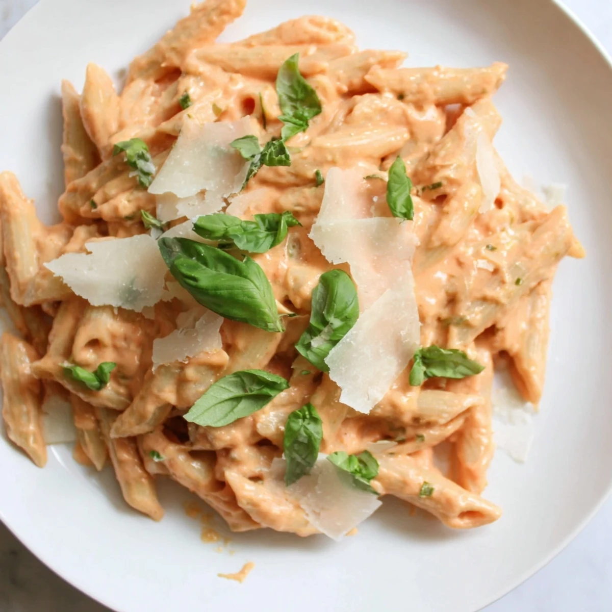 Homemade creamy tomato pasta with fresh basil, rich tomato sauce coats the pasta, perfect for dinner.