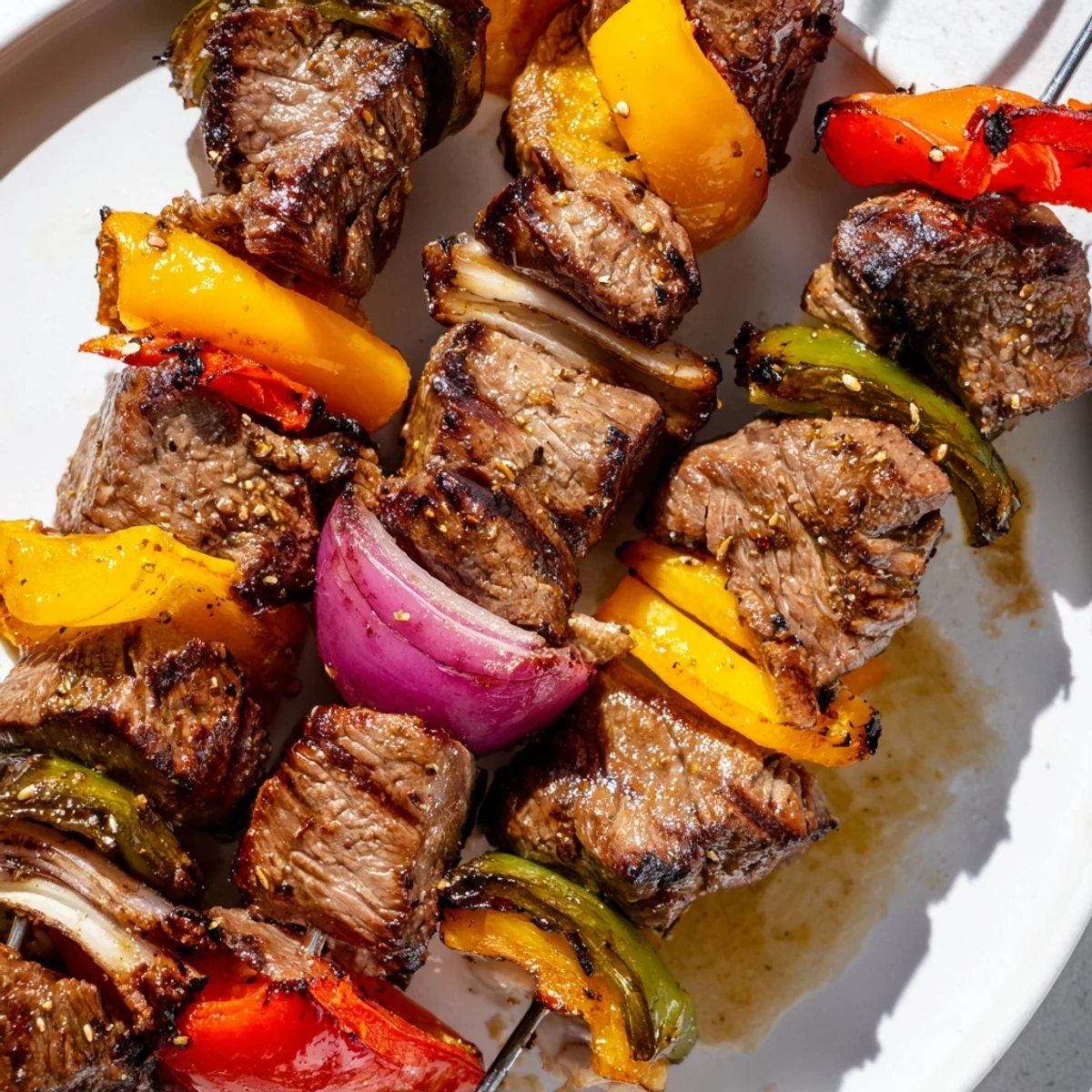 Vibrant image of sizzling Beef Kebabs with peppers and onions ready to serve at a backyard cookout.